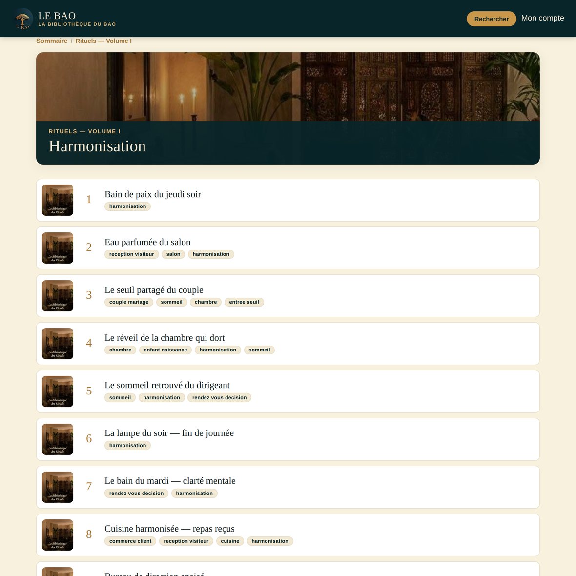 Le Volume I des Rituels ouvert, avec la liste de ses quatorze chapitres